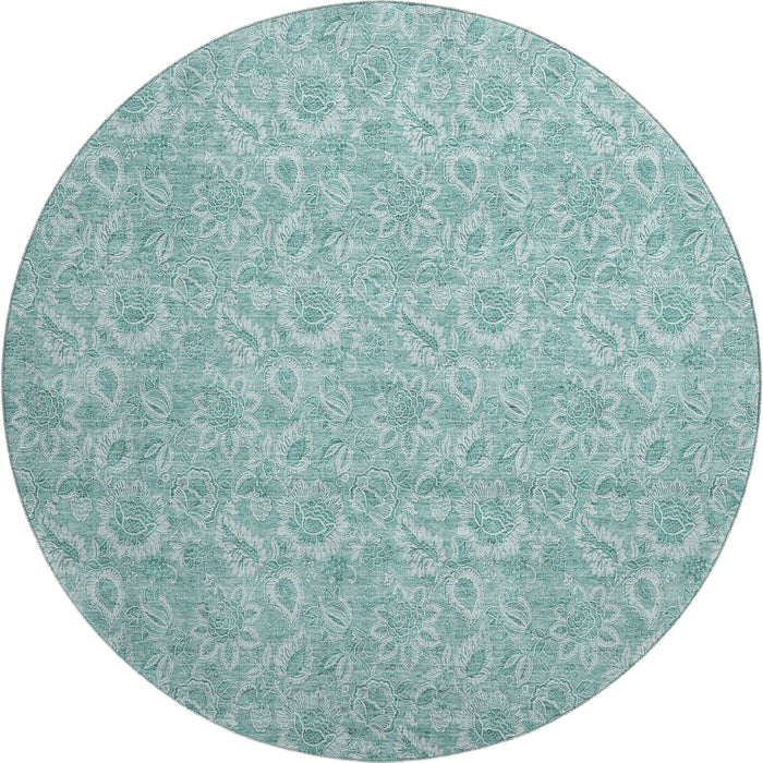8' Floral Washable Round Rug With UV Protection (655153) - Teal / Ivory