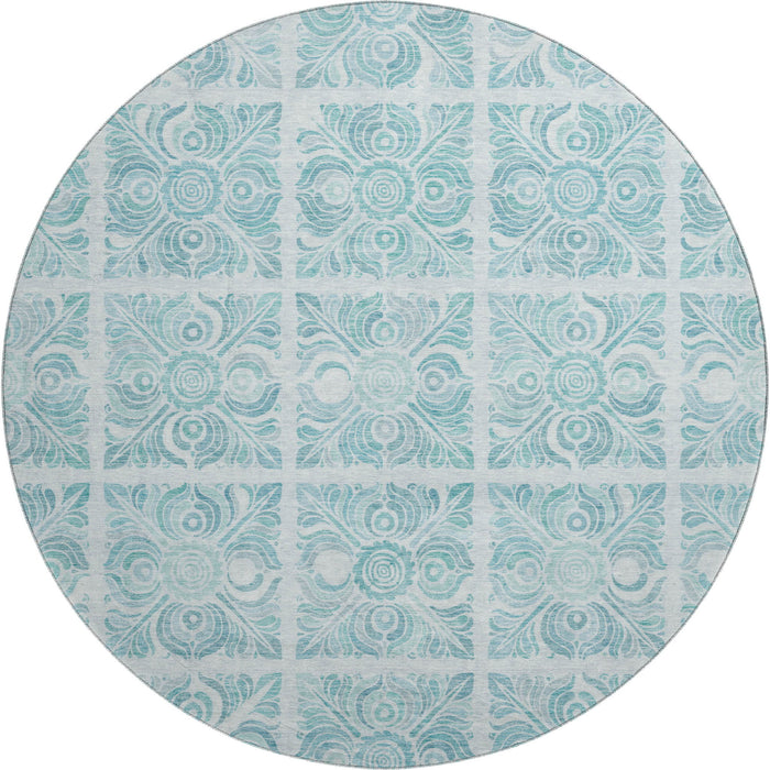 8' Medallion Washable Round Rug With UV Protection (667804) - Turquoise / Ivory