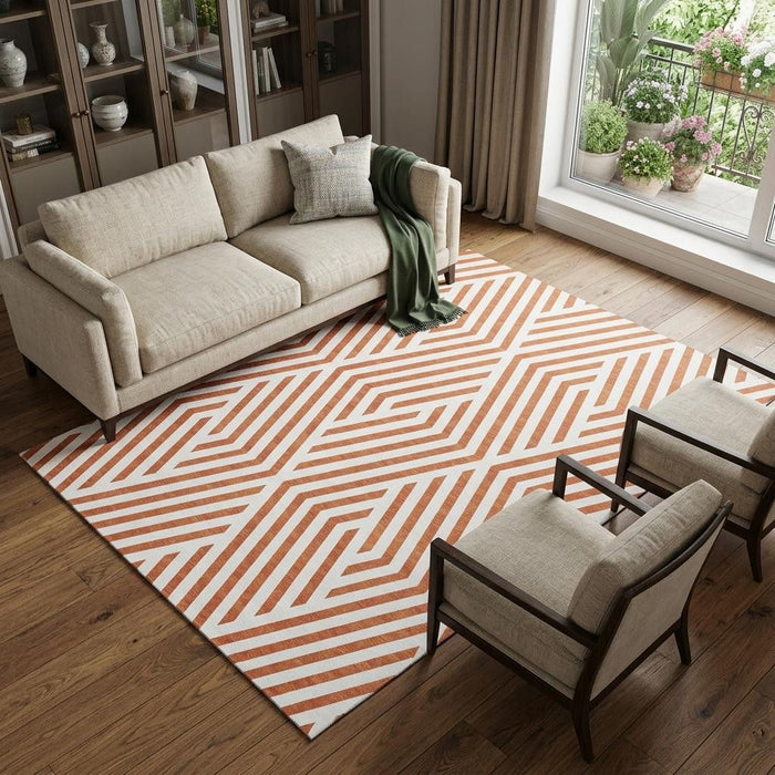 8' X 10' Geometric Washable Area Rug With UV Protection (648578) - Rust / Ivory