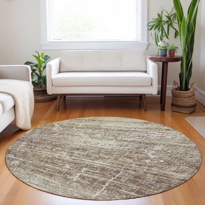 8' Abstract Washable Round Rug With UV Protection - Brown And Beige