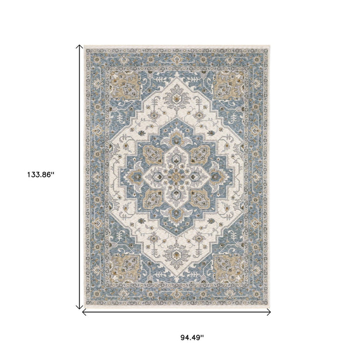 8' X 11' Medallion Distressed Area Rug With Fringe - Blue And Ivory