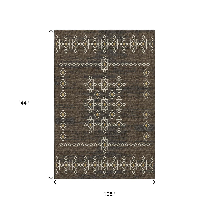 9' X 12' Tribal Washable Area Rug With UV Protection (644819) - Brown / Ivory / Gold