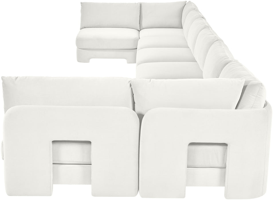 Beige Hammond velvet upholstered 8-piece U-shaped sectional sofa by Meridian Furniture, featuring armless design and plush cushions.