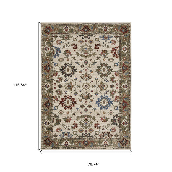7' X 10' Oriental Area Rug With Fringe - Ivory And Green
