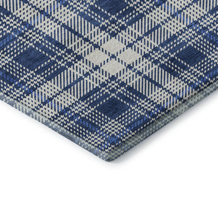 10' X 14' Plaid Washable Area Rug With UV Protection (678251) - Navy Blue / Ivory