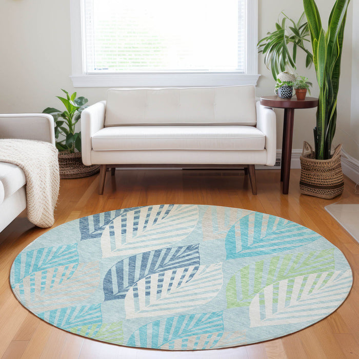 8' Transitional Floral Washable Round Rug With UV Protection - Teal