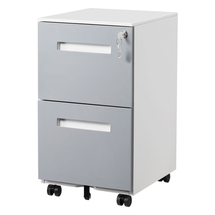 Gray Giga 3-drawer mobile filing cabinet with locking drawers, rolling on five wheels, fits letter and A4 documents.