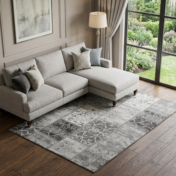 8' X 10' Patchwork Distressed Washable Area Rug With UV Protection (649568) - Gray / Ivory