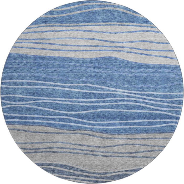 8' Striped Washable Round Rug With UV Protection - Blue / Gray