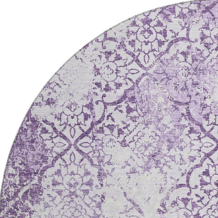 8' Abstract Washable Round Rug With UV Protection - Lavender And Ivory
