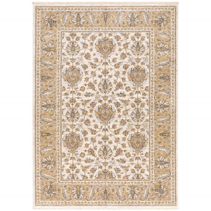 9.8' x 12.9' Oriental Power Loom Stain Resistant Area Rug With Fringe - Ivory And Gold