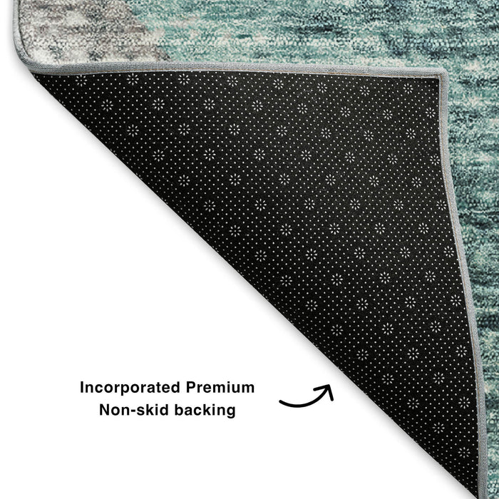 10' X 14' Geometric Washable Area Rug With UV Protection (653146) - Teal / Ivory / Gray