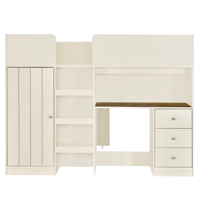 Giga loft bed with built-in wardrobe, desk, shelves, and drawers in a modern bedroom setup.
