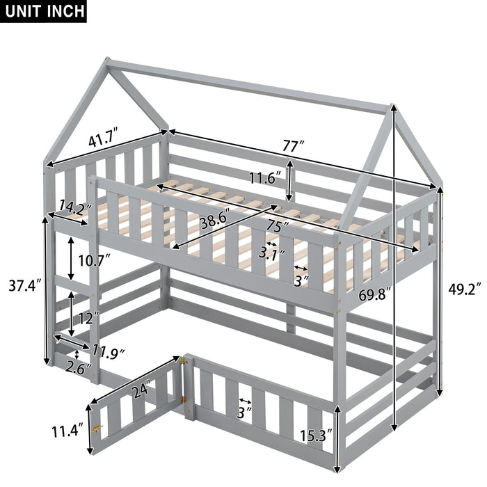 Giga twin over twin house bunk bed with safety fence and door, featuring a playful design for children's bedroom decor