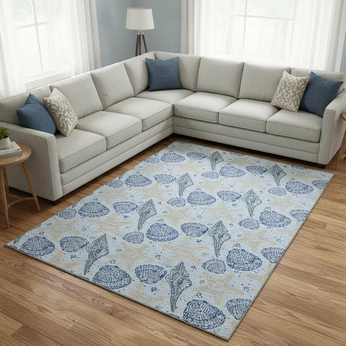 8' X 10' Geometric Washable Area Rug With UV Protection (645772) - Blue / Beige