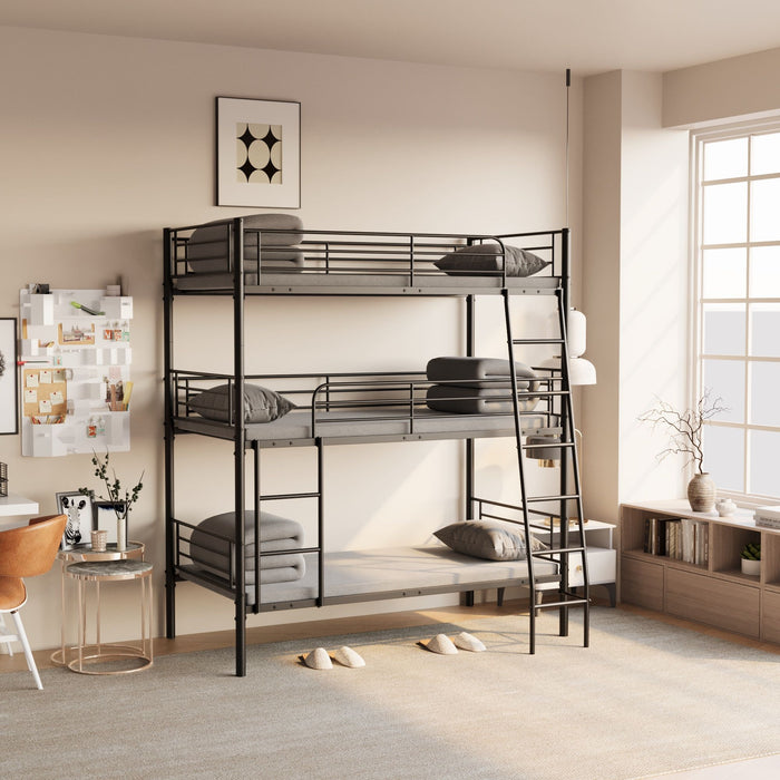 Black Giga twin size metal triple bunk bed with three separate beds and a convertible design for bedroom or dorm use.
