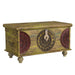 Carved wooden Mesa coffee table by HomeRoots with green and red finish, featuring intricate carving and sturdy design.