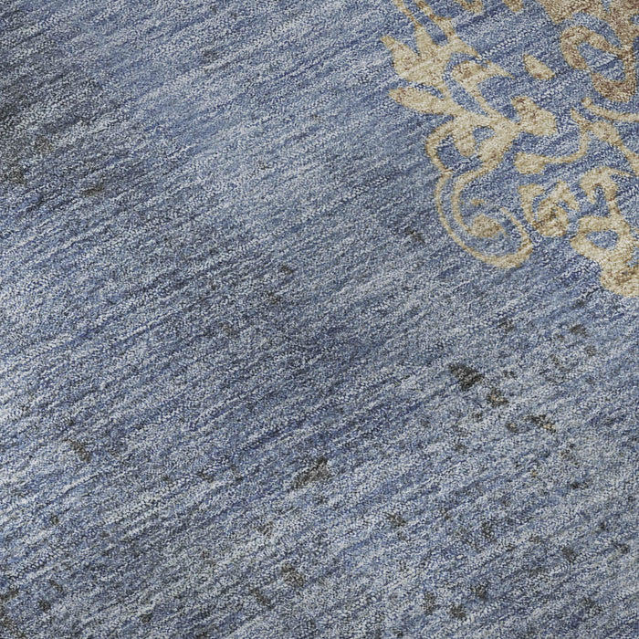 10' X 14' Floral Washable Area Rug With UV Protection (701419) - Denim Blue / Beige