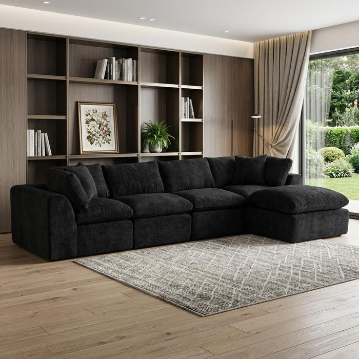 Chenille Modular Sofa Chaise With Ottoman Toss Pillows (725200) - Black