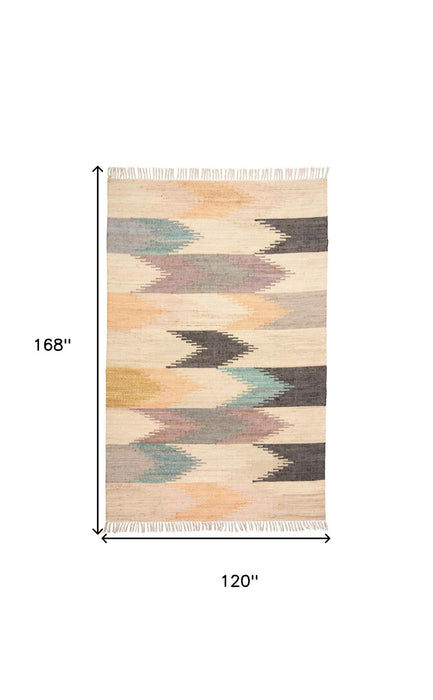 10' x 14' Geometric Dhurrie Flatweave Handmade Area Rug With Fringe - Tan Blue And Orange
