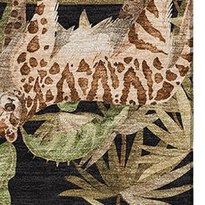 5' X 8' Tropical Botanical Distressed Washable Area Rug With UV Protection (646351) - Midnight / Brown / Olive Green