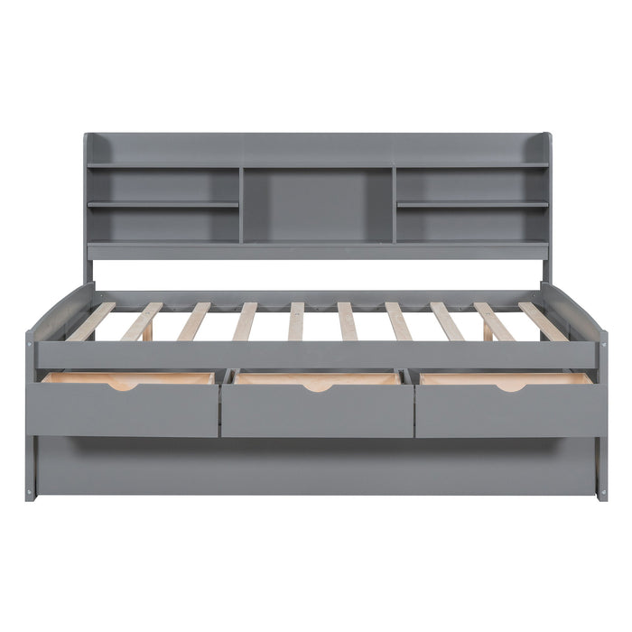Giga Captain bed with built-in bookshelves, three storage drawers, and a trundle for versatile sleeping and storage options