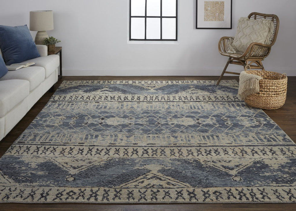 8' Wool Floral Hand Knotted Runner Rug - Gray Blue And Ivory