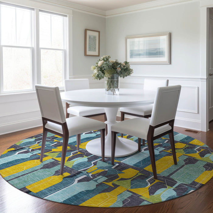 8' Geometric Washable Round Rug With UV Protection - Blue And Green