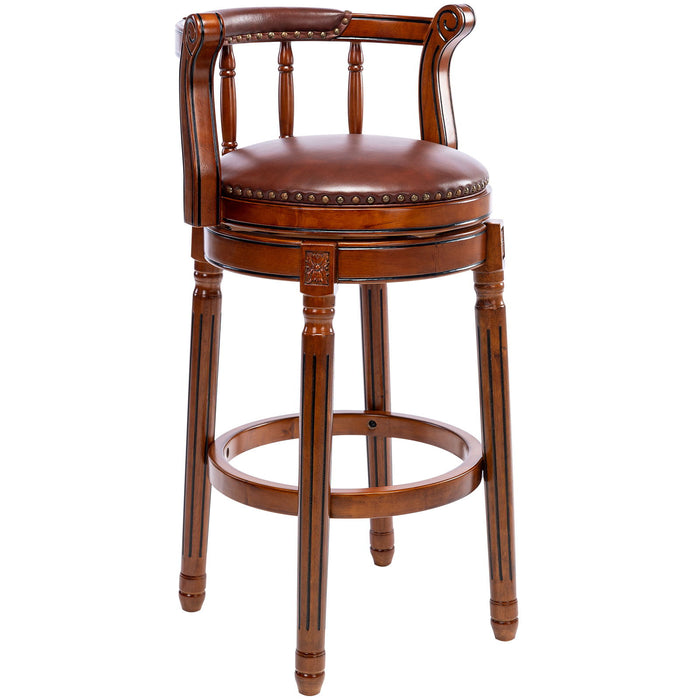 Giga Swivel Cow Top Wooden Bar Stool with backrest, 360-degree swivel, bar height for home kitchen counters.