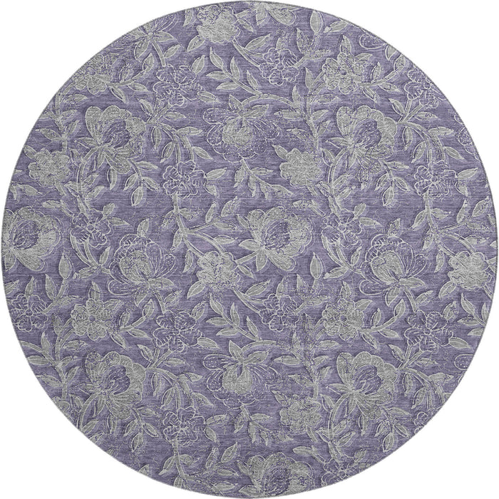 8' Floral Washable Round Rug With UV Protection - Eggplant And Gray