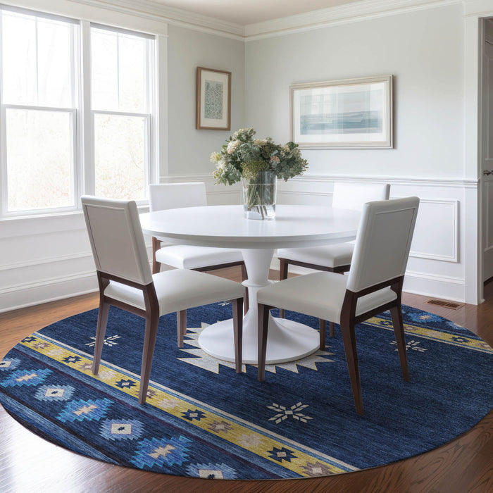 8' Geometric Washable Round Rug With UV Protection - Blue And Gold