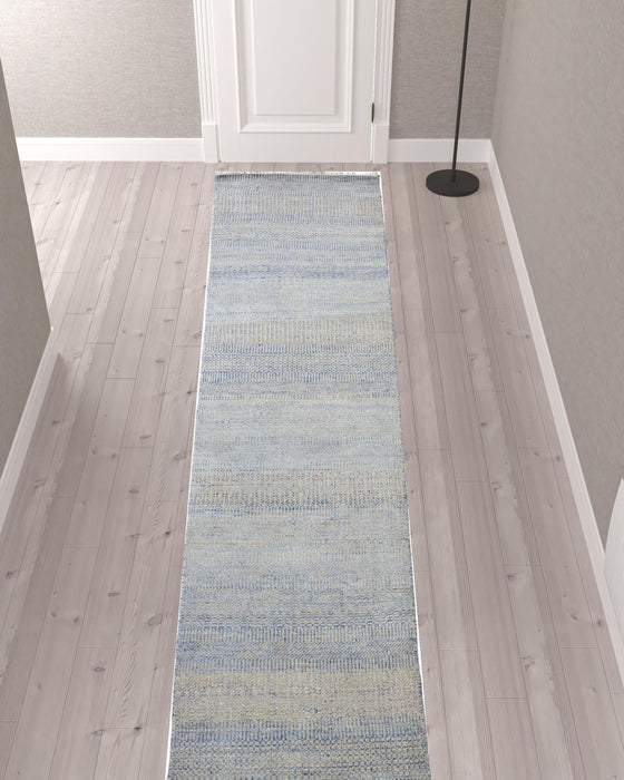 12' Wool Striped Hand Knotted Runner Rug - Blue And Silver