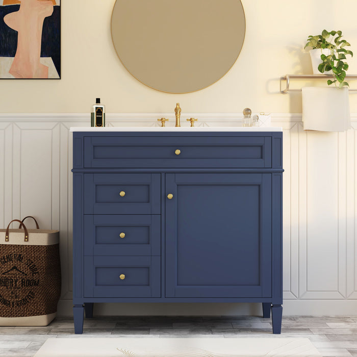 Blue Giga bathroom vanity with top sink, modern storage cabinet, 2 drawers and a tip-out drawer, single sink bathroom vanity.