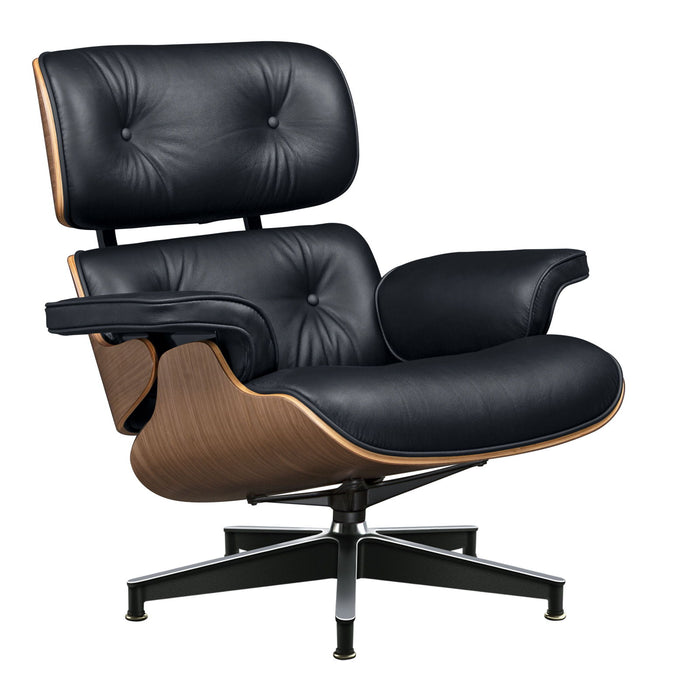27" Tufted Genuine Leather Swivel Lounge Chair With Ottoman - Black / Walnut