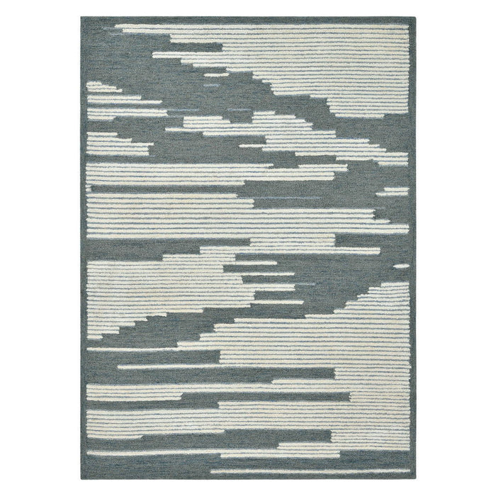 8' X 10' Wool Abstract Hand Hooked Area Rug - Blue And Ivory