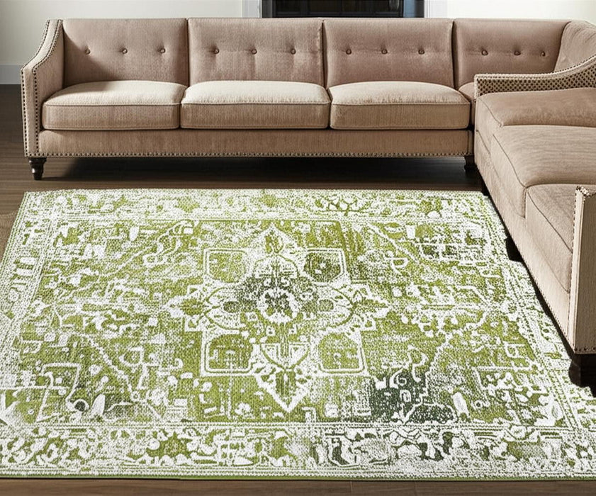 9' X 13' Tribal Washable Area Rug With UV Protection (610042) - Green / Beige