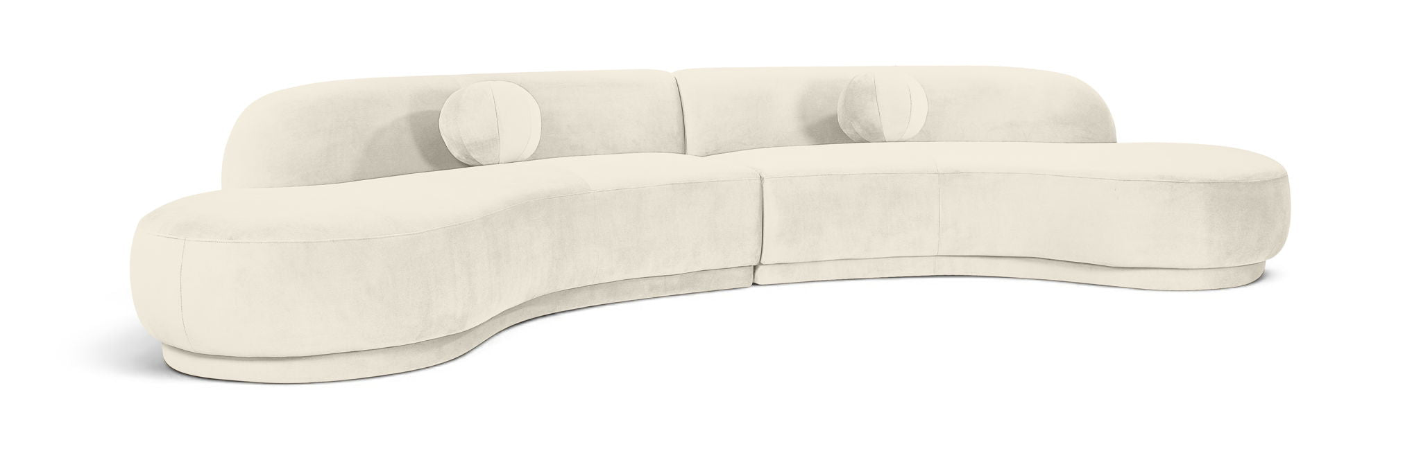Meridian Furniture Avra 146-inch velvet upholstered sectional sofa with plush cushions and a modern stationary design.