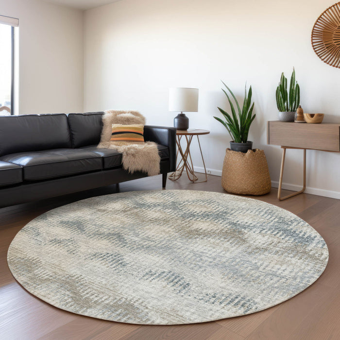 8' Abstract Washable Round Rug With UV Protection - Linen And Ivory