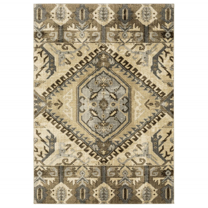 7' x 10' Central Medallion Indoor Area Rug - Tan And Gold