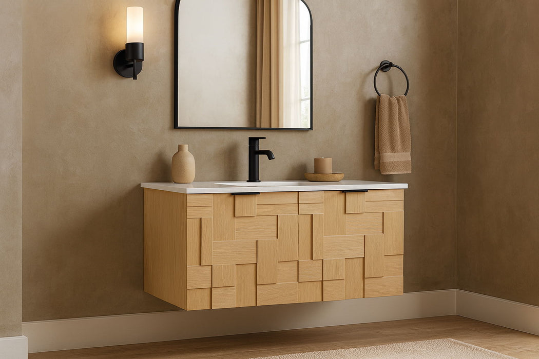 Leonardo - Engineered Stone And Solid Wood 24" Wall Mounted Bathroom Vanity
