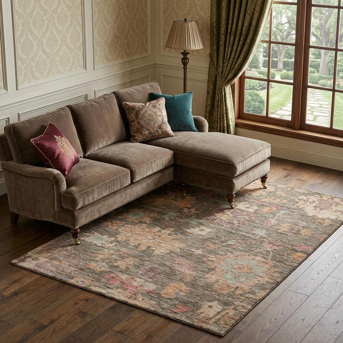 10' X 14' Floral Washable Area Rug With UV Protection (684510) - Brown / Beige / Coral