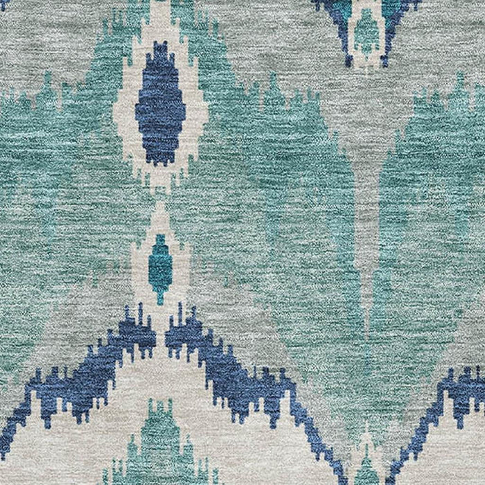 9' X 12' Ikat Washable Area Rug With UV Protection - Teal And Ivory