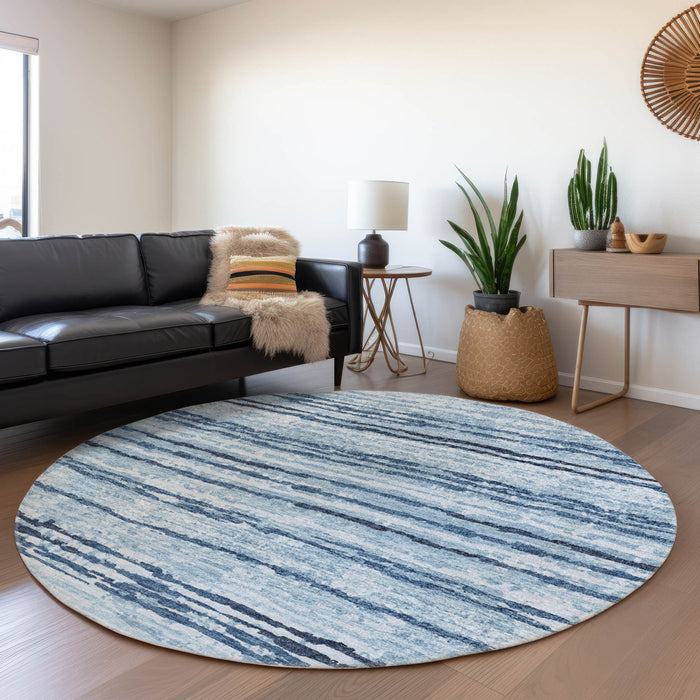 8' Striped Washable Round Rug With UV Protection - Blue / Ivory