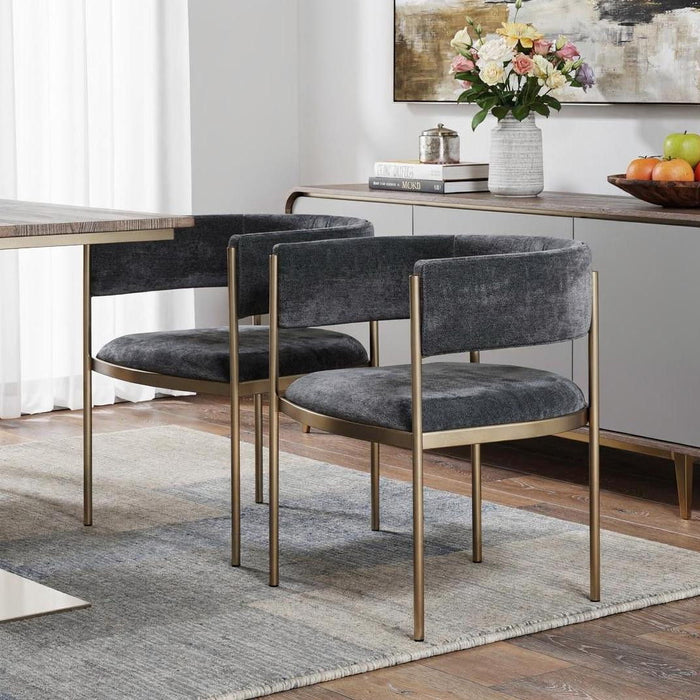 Velvet Partially Open Back Dining Arm Chairs (Set of 2) - Charcoal / Gold
