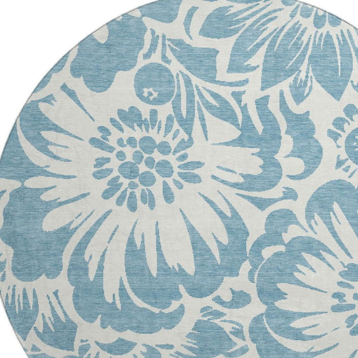 8' Floral Washable Round Rug With UV Protection (648637) - Denim Blue / Ivory