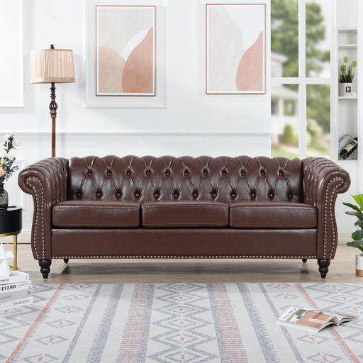 Giga Rolled Arm Chesterfield 3 Seater Sofa in classic leather with deep button tufting and rolled arms, stationary design.