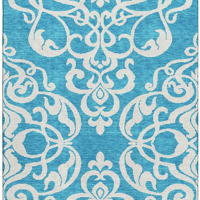 10' X 14' Damask Washable Area Rug With UV Protection (676962) - Turquoise / Ivory