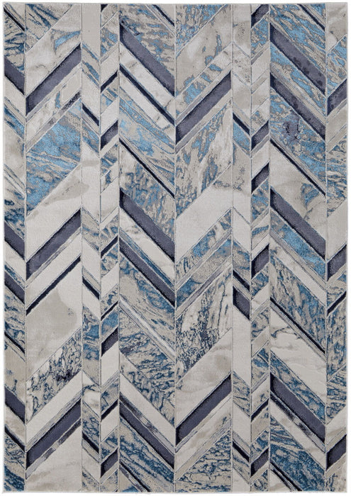 10' x 13' Chevron Power Loom Distressed Area Rug - Ivory Blue And Gray