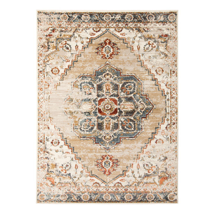 9' x 12' Medallion Power Loom Area Rug - Ivory Tan And Gold
