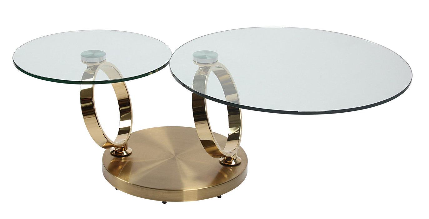 HomeRoots 32-inch glass and gold metal round abstract coffee table with clear glass top and modern design.